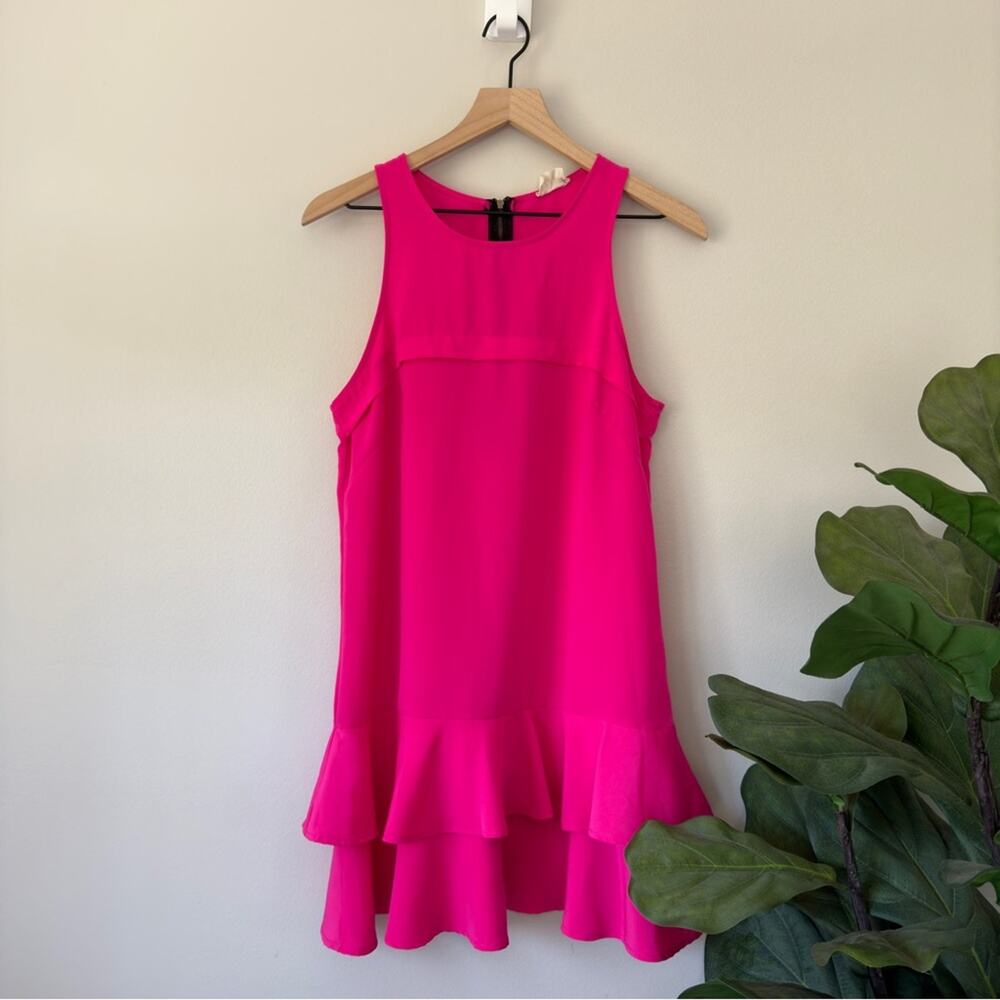 Anthropologie Neon Pink Sleeveless Ruffle-Hem Mini Dress